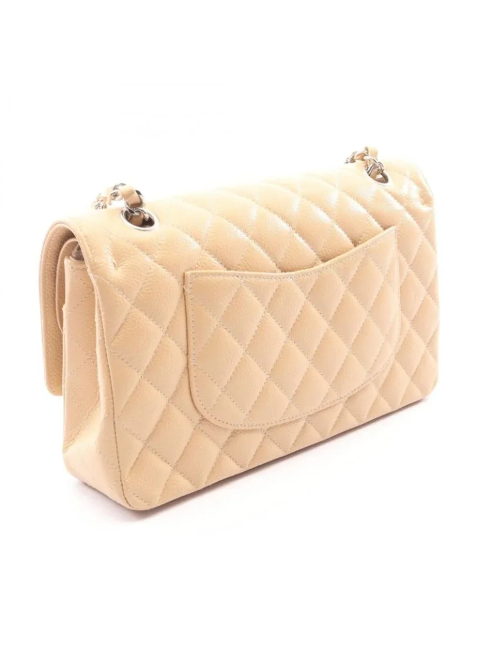 Chanel Shoulder Bag Quilted Double Flap Light Beige Caviar Leather Chain
